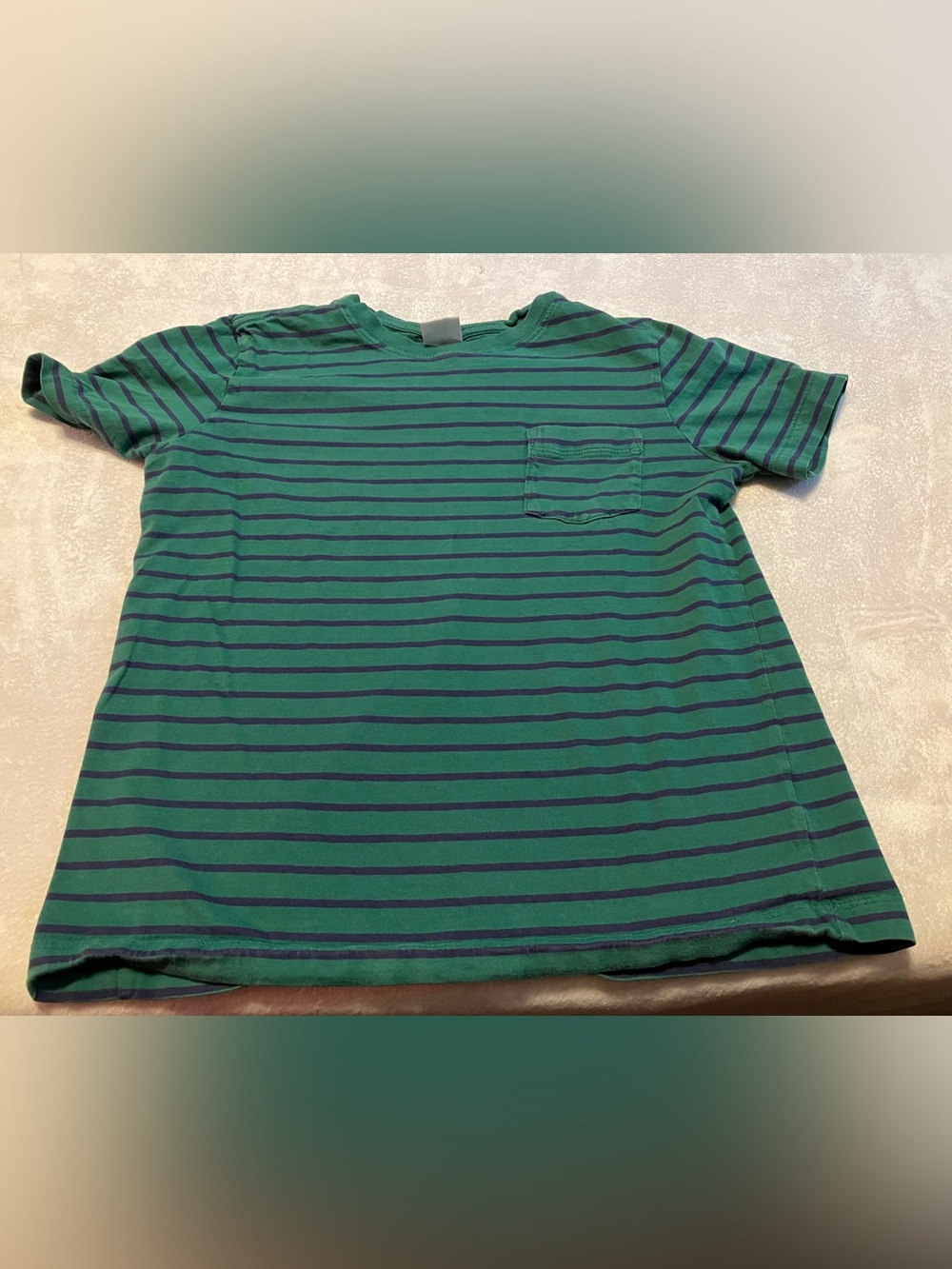 Hanna Andersson Green and Navy Striped Short Sleeve Pocket Tee